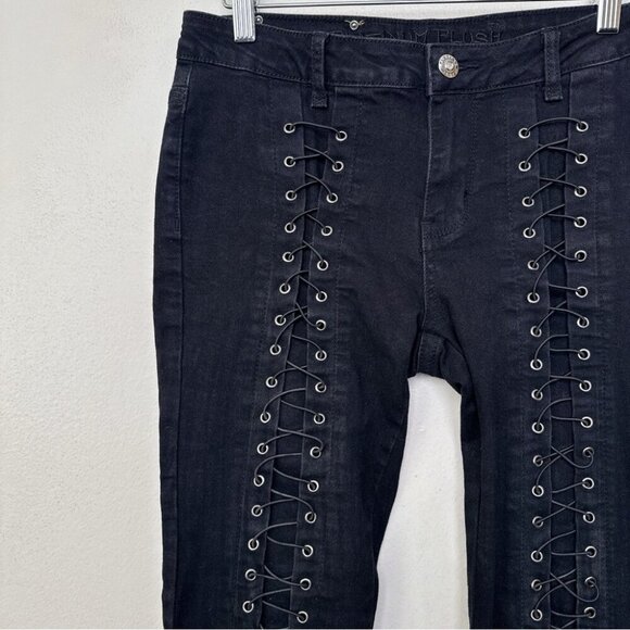 Platinum Plush Womens 7 Rhinestones Lace Up Biker Riding Jeans - Picture 3 of 14